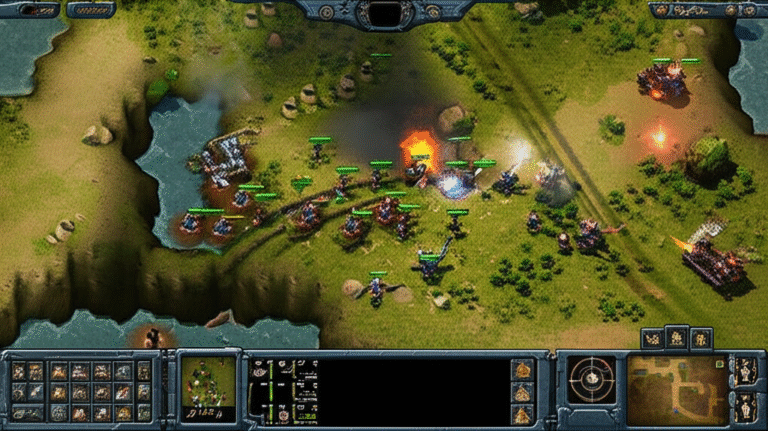 Estratégia Indie: Desafios Táticos Inovadores Visão isométrica de um jogo de estratégia indie em tempo real.