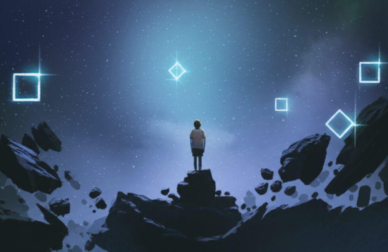 Narrativa Imersiva em Jogo Indie Personagem de jogo indie contemplando uma paisagem com elementos de narrativa visual.