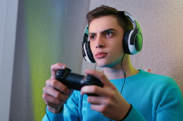 Impacto dos Jogos na Saúde Mental Pessoa jogando videogame com expressão pensativa