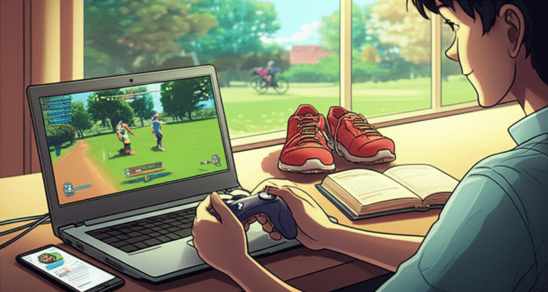 Equilíbrio entre Jogos e Vida Pessoa equilibrando um joystick de videogame em uma mão e uma fruta na outra