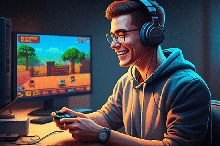 Nostalgia Gamer: Revivendo Clássicos no Steam Jogador nostálgico jogando um jogo retrô modernizado no Steam.
