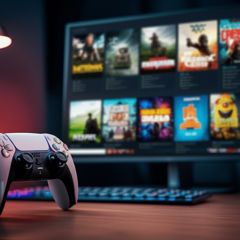 Diversidade de Gêneros de Jogos Baratos Controle de videogame em frente a tela com diversos gêneros de jogos