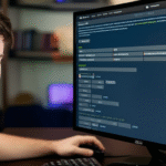 Homem usando lupa em frente à tela do Steam, procurando por jogos